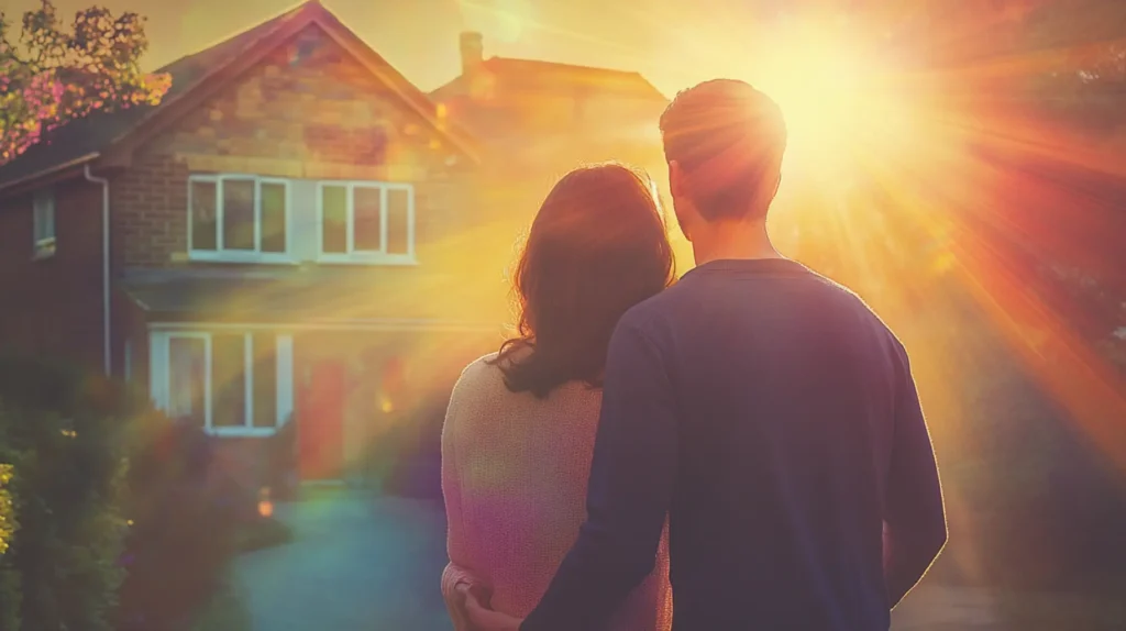 Couple stood in front of a new home